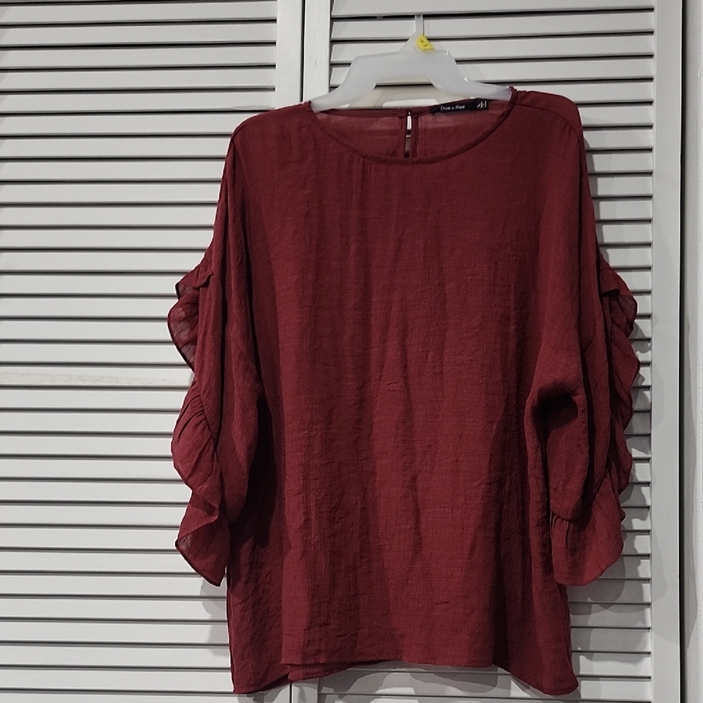 Anthropologie Doe & Rae Burgundy Blouse with Ruffle Sleeves